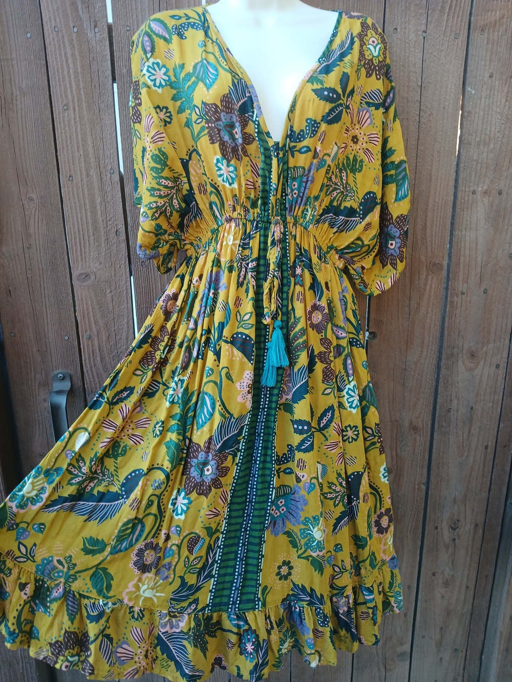 World Market Mira Kaftan Dress - Mustard Yellow Floral Boho - Size S/M